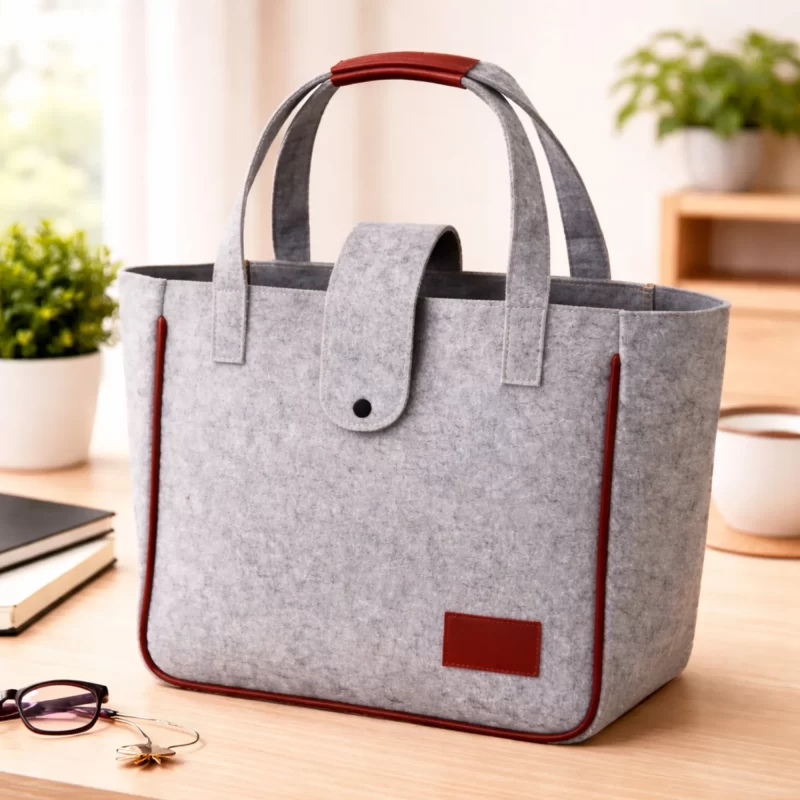Premium Grey Felt Hand Bag with Leather Accents 12"X13"X5.5"