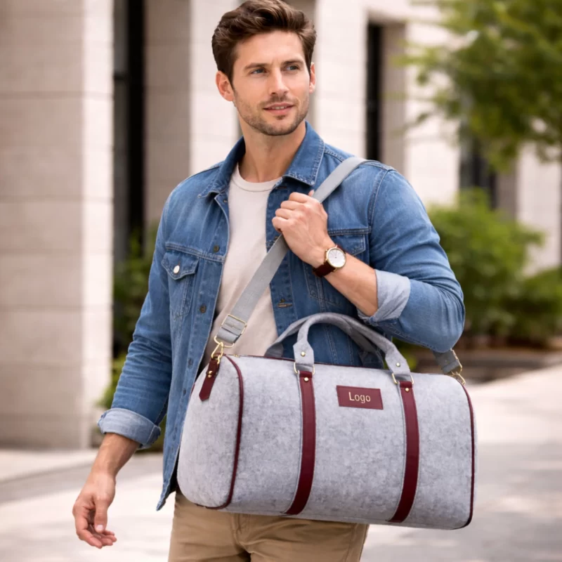 Premium Grey Felt Duffel Bag with Leather Accents & Shoulder Strap