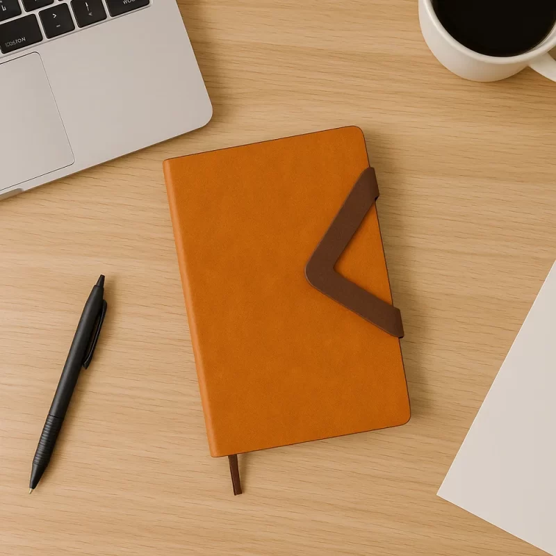 Premium Tan PU Leather Notebook with Stylish Chevron Strap Closure