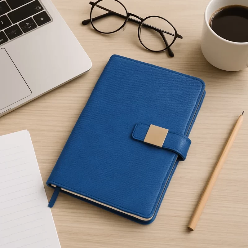 Premium Royal Blue PU Leather Notebook with Gold Metal Strap Closure