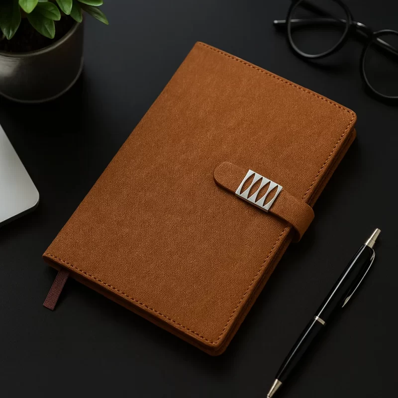 Premium Brown PU Leather Notebook with Metal Lock Closure
