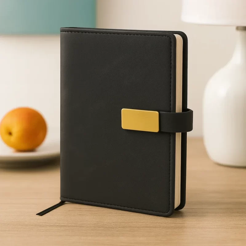 Premium Black PU Leather Notebook with Gold Metal Plate Closure