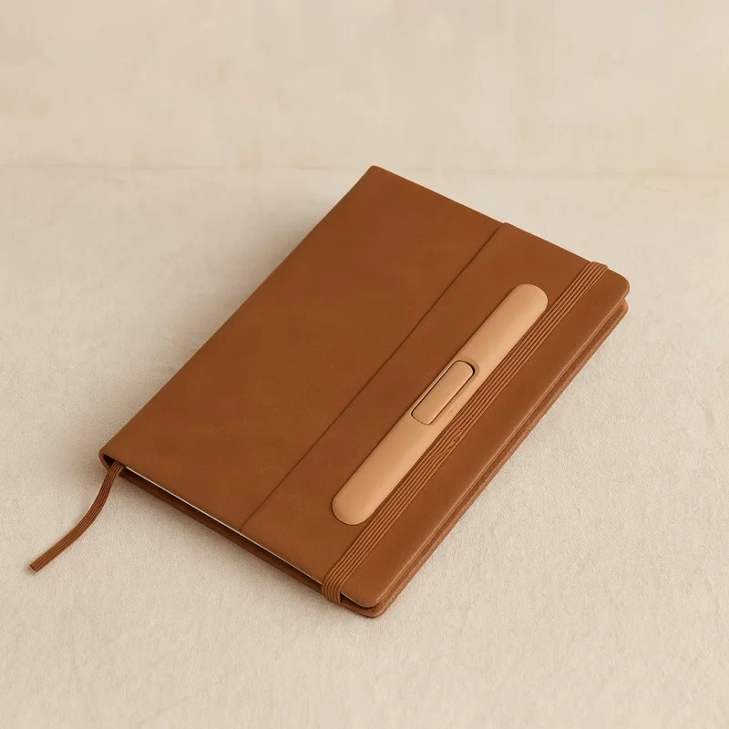 Premium Tan PU Leather Notebook with Integrated Pen Holder & Elastic Band
