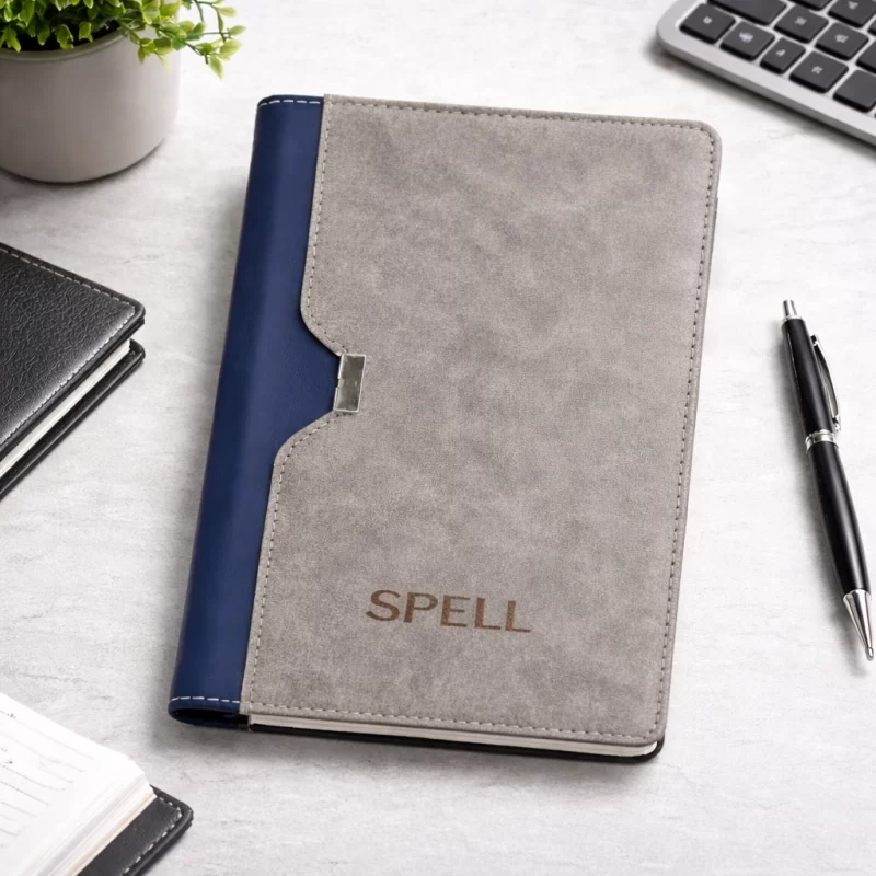 Premium Grey & Navy PU Leather Notebook with Side Flap Closure