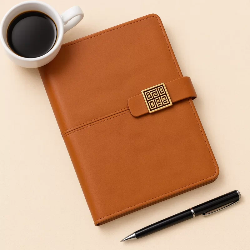 Premium Tan PU Leather Notebook with Designer Metal Lock Closure