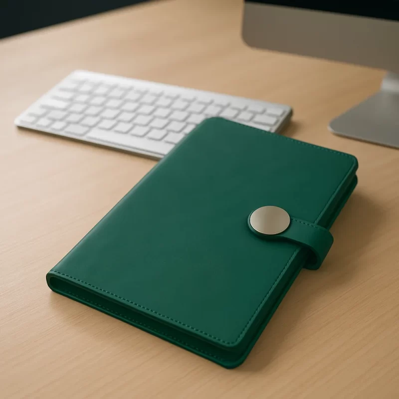 Premium Green PU Leather Notebook with Round Metal Button Closure