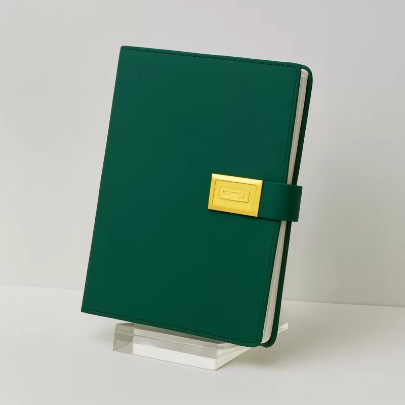 Premium Green PU Leather Notebook with Gold Metal Plate Closure