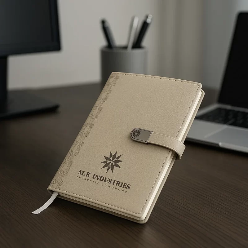 Premium Beige Executive Notebook with Geometric Texture & Metal Strap Closure