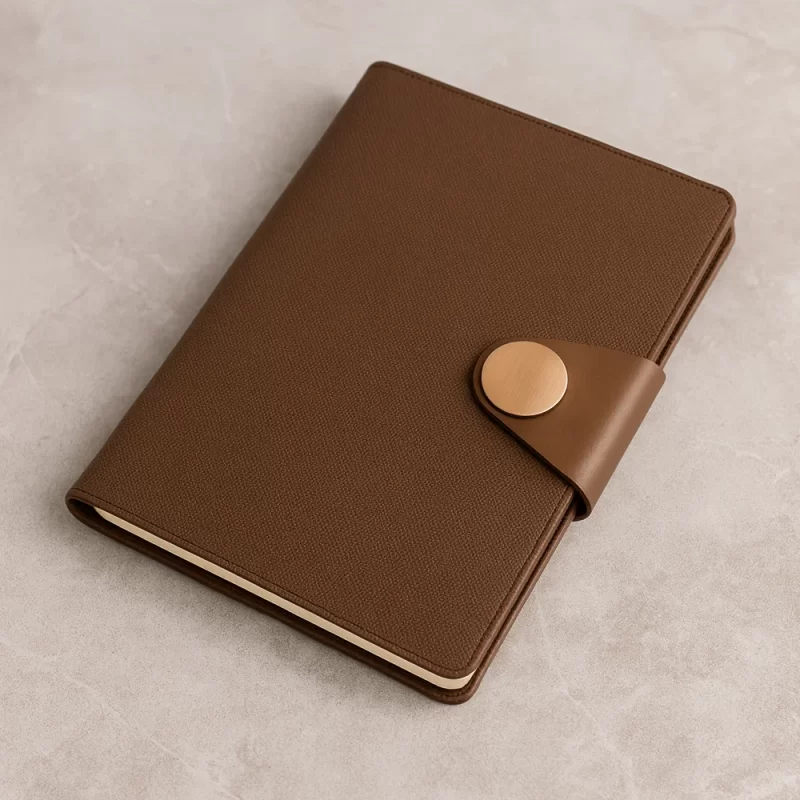 Premium Brown Textured Notebook with Gold Button Strap Closure