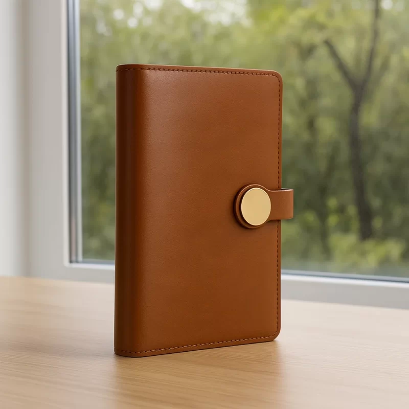 Premium Brown PU Leather Notebook with Gold Button Strap Closure