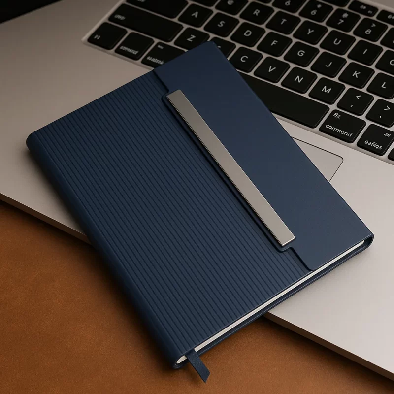 Premium Navy Blue Executive Notebook with Textured Cover & Metal Bar Closure