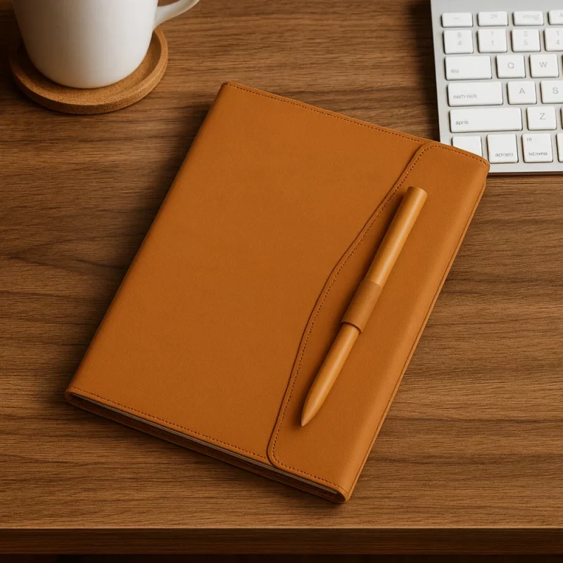 Premium Tan PU Leather Notebook with Curved Flap & Built-in Pen Holder