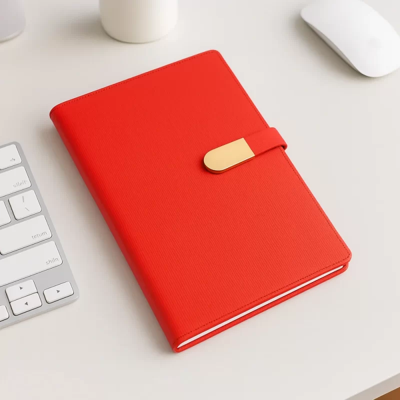 Premium Red Textured Notebook with Gold Metal Strap Closure