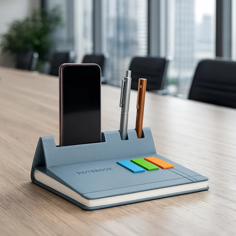 Premium Grey PU Leather Notebook with Sticky Notes, Card Pocket & Elastic Closure