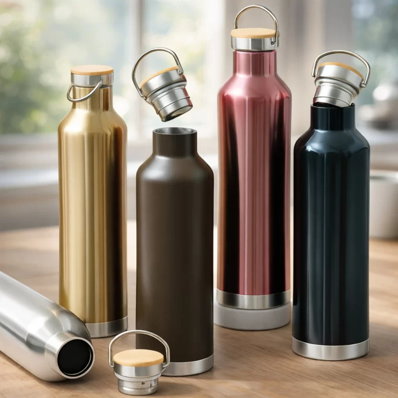Premium Stainless Steel Insulated Water Bottle with Wooden Lid & Carry Handle