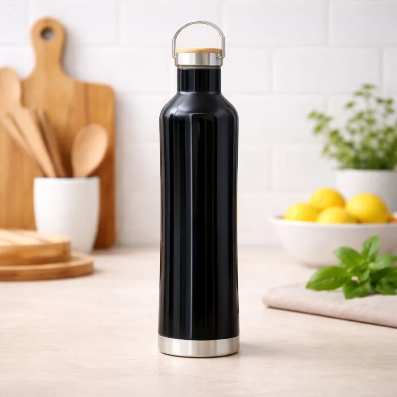 Premium Stainless Steel Insulated Water Bottle with Wooden Lid & Carry Handle – Leakproof & Reusable