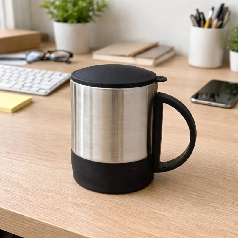 Premium Stainless Steel Insulated Coffee Mug with Lid & Handle – Modern Office Desk Cup (Black & Silver)