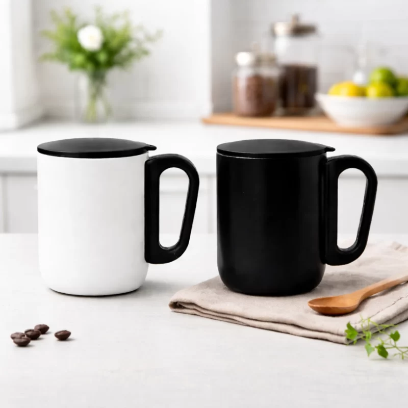 Premium Minimalist Coffee Mug with Lid – Modern Matte Finish (Black & White)