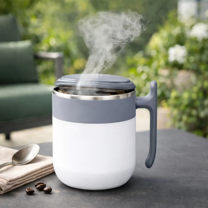 Premium Stainless Steel Insulated Coffee Mug with Lid & Handle – Modern Grey & White