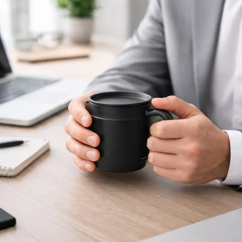 Premium Matte Black Insulated Coffee Mug with Lid & Spoon