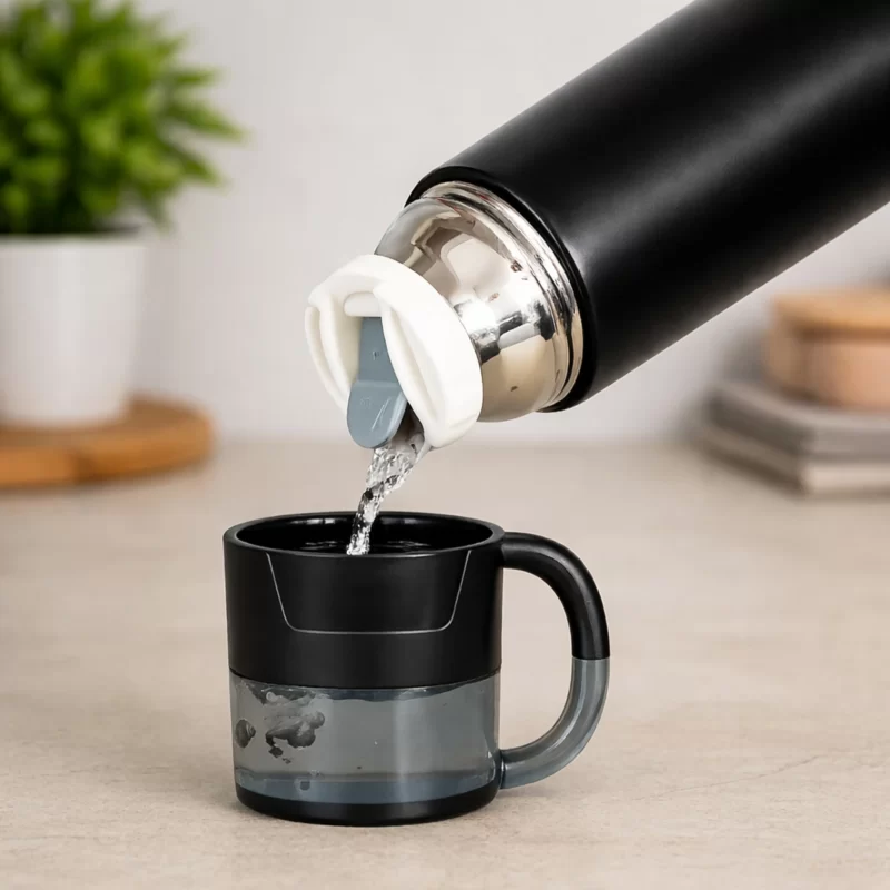 Premium Stainless Steel Vacuum Flask Pouring Hot Water into Travel Mug